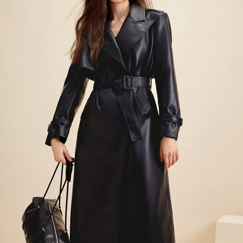Black Elegant Women's faux Leather Jacket Trench Coat Casual Outerwear - Picture 3 of 7